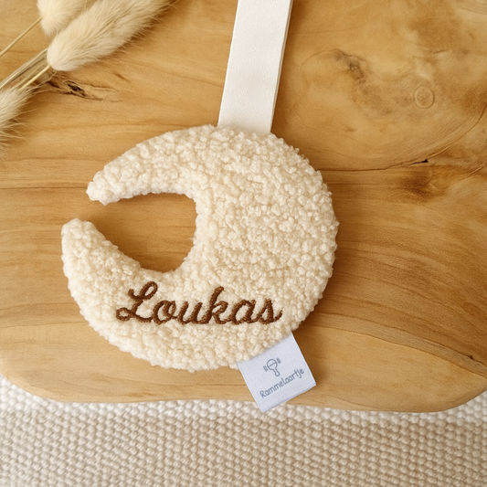 Gepersonaliseerd speenkoord Knuffeldoekje Teddystof Maan met naam - incl. borduren