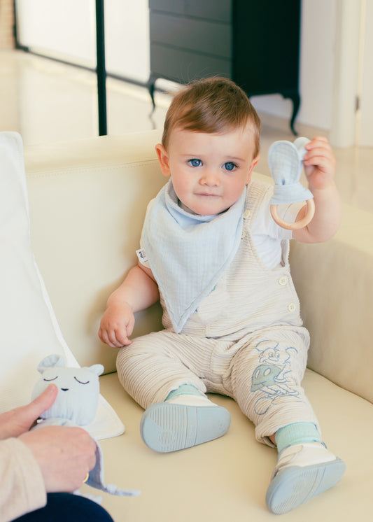 Gepersonaliseerde set: Knuffeldoekje + Bandanaslab + Bijtring met naam - incl. borduren